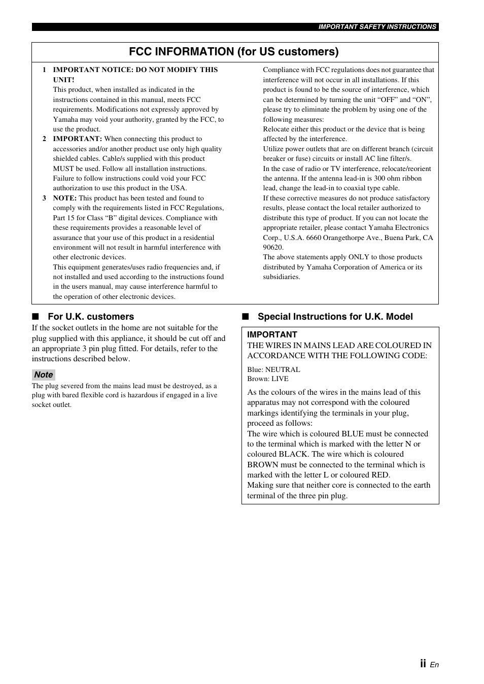 Fcc information (for us customers) | Yamaha A-S700 User Manual | Page 3 / 22