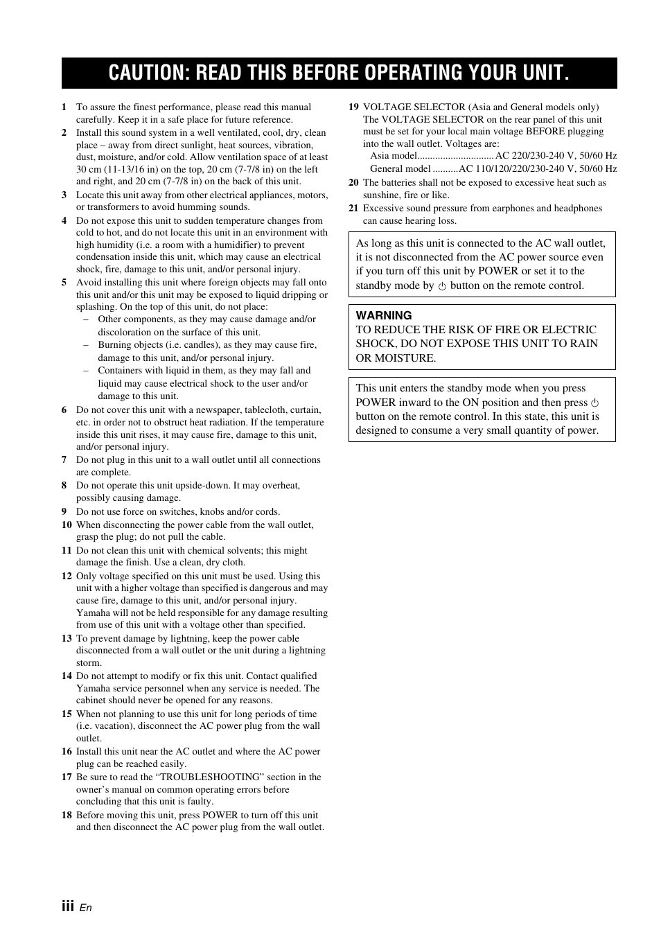 Caution: read this before operating your unit | Yamaha A-S700 User Manual | Page 4 / 22