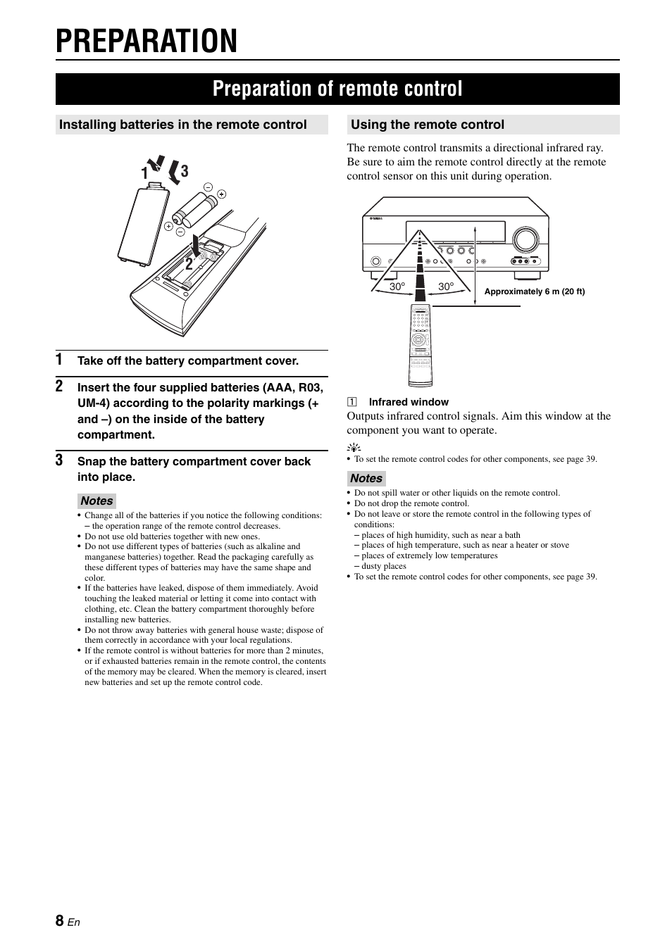 Preparation, Preparation of remote control | Yamaha RX-V365 User Manual | Page 12 / 60