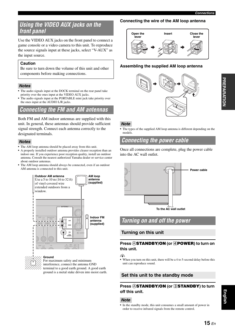 Using the video aux jacks on the front panel, Connecting the fm and am antennas, Connecting the power cable | Turning on and off the power, P. 15 | Yamaha RX-V365 User Manual | Page 19 / 60