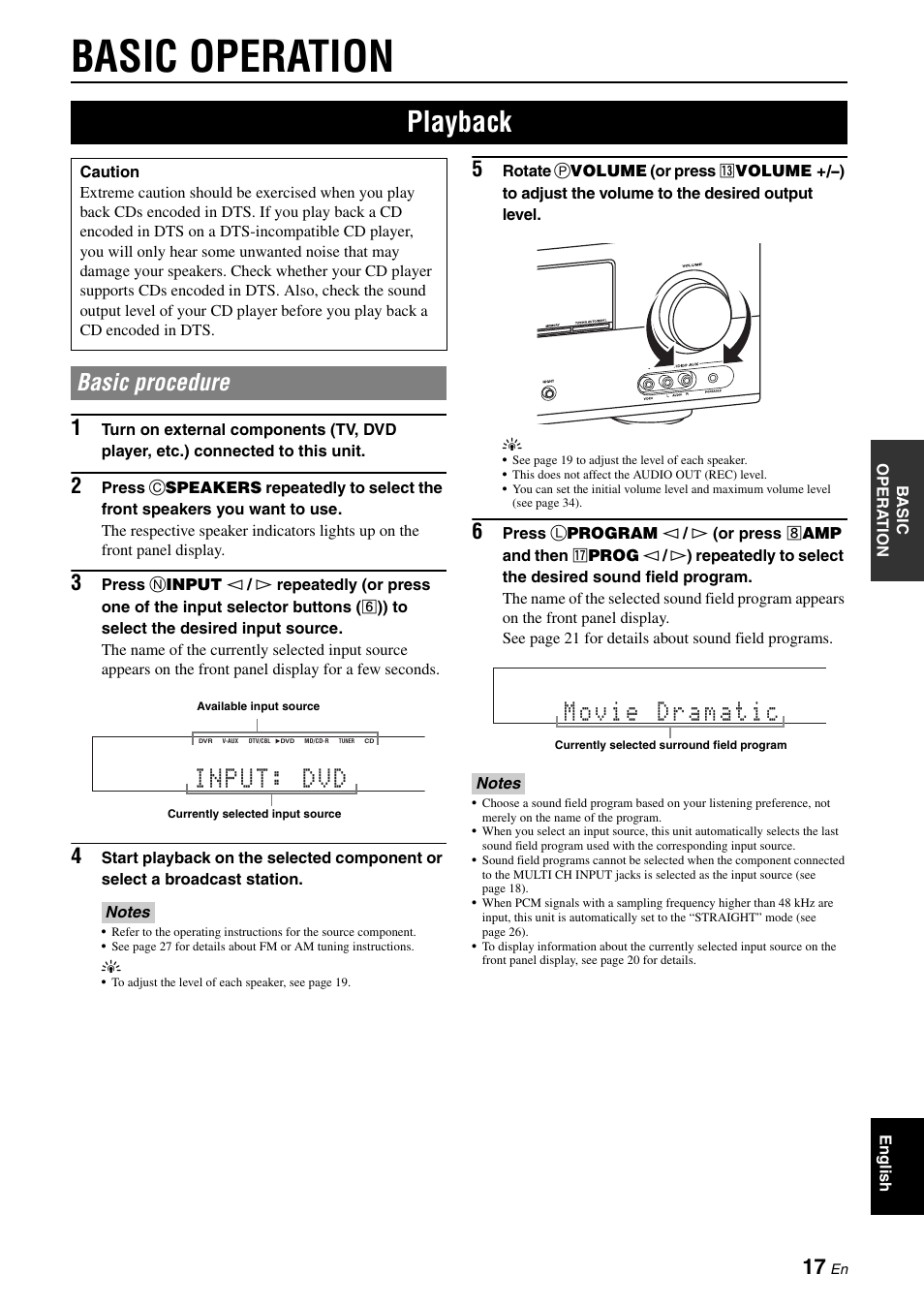 Basic operation, Playback, Basic procedure | P. 17, Input: dvd | Yamaha RX-V365 User Manual | Page 21 / 60