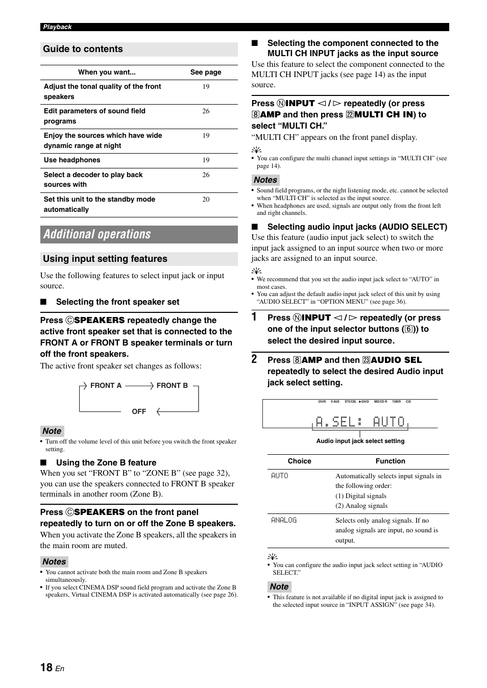 Additional operations, A.sel: auto, Guide to contents | Using input setting features | Yamaha RX-V365 User Manual | Page 22 / 60