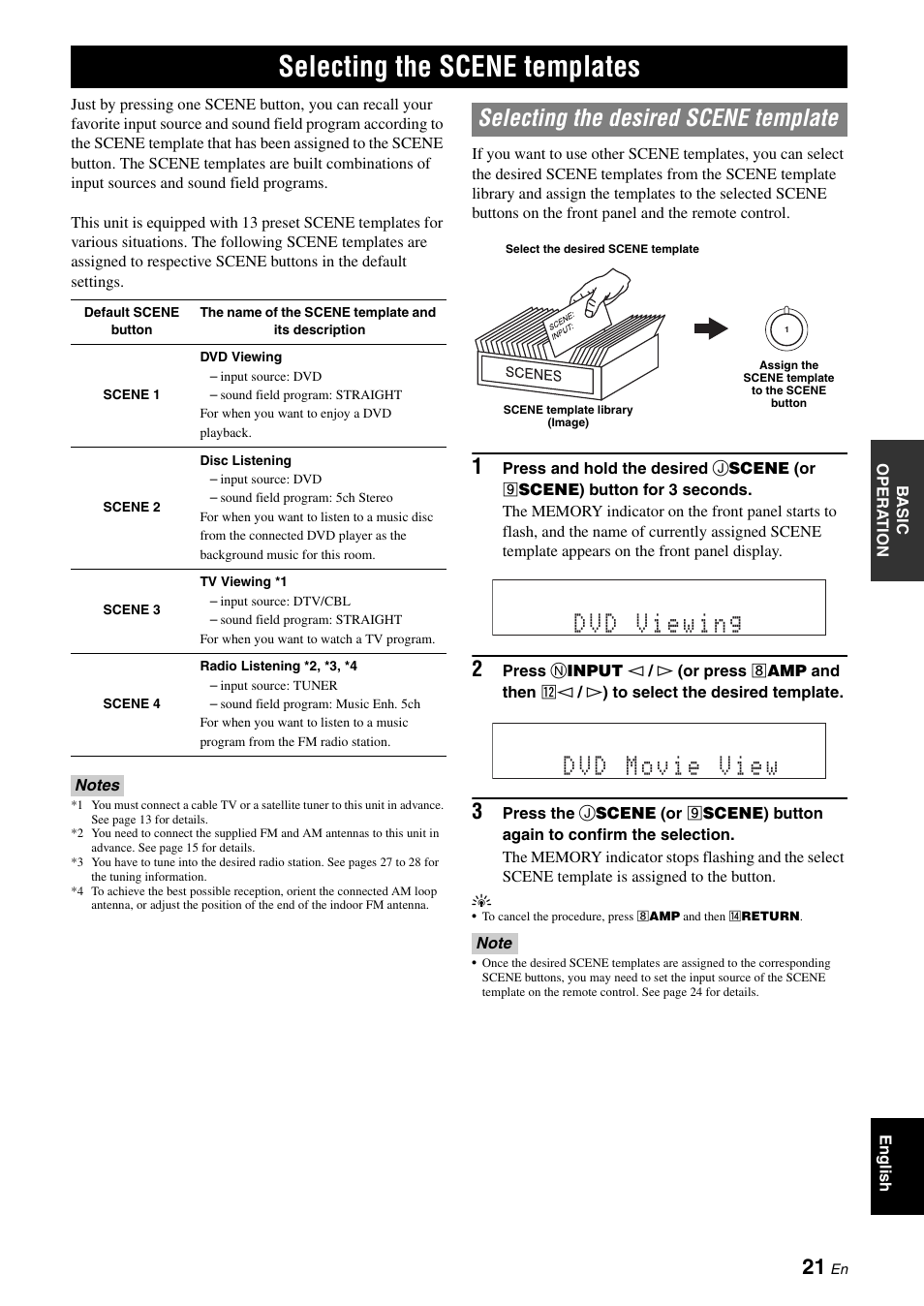 Selecting the scene templates, Selecting the desired scene template, P. 21 | Yamaha RX-V365 User Manual | Page 25 / 60