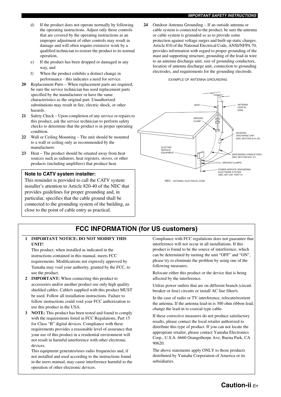 Caution-ii, Fcc information (for us customers) | Yamaha RX-V365 User Manual | Page 3 / 60