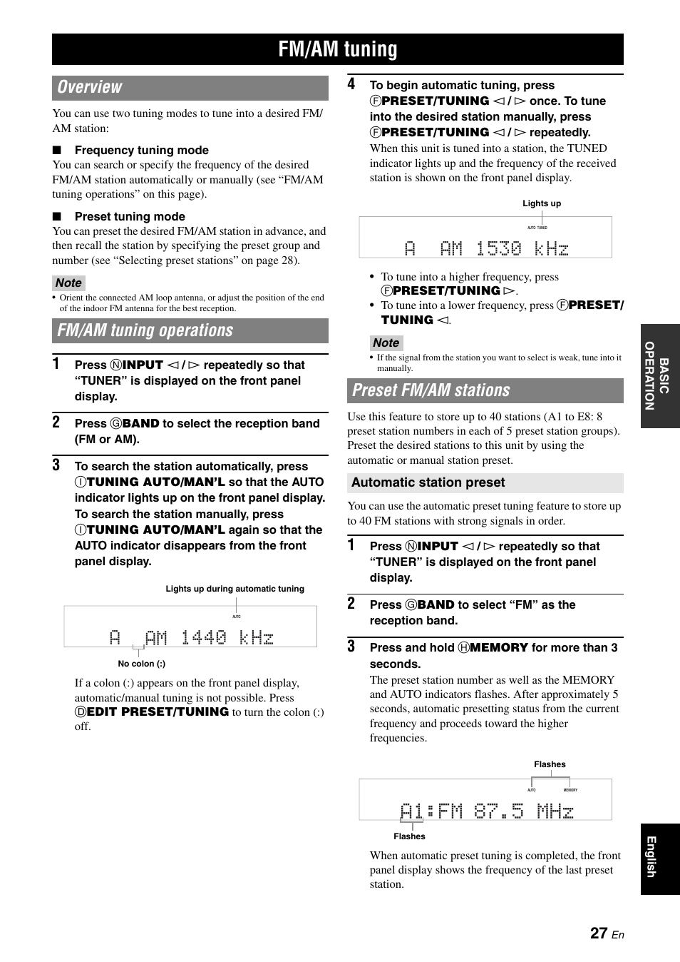 Fm/am tuning, Overview, Fm/am tuning operations | Preset fm/am stations, 27 t, A1:fm 87.5 mhz, Aam 1440 khz, Aam 1530 khz, Overview fm/am tuning operations | Yamaha RX-V365 User Manual | Page 31 / 60