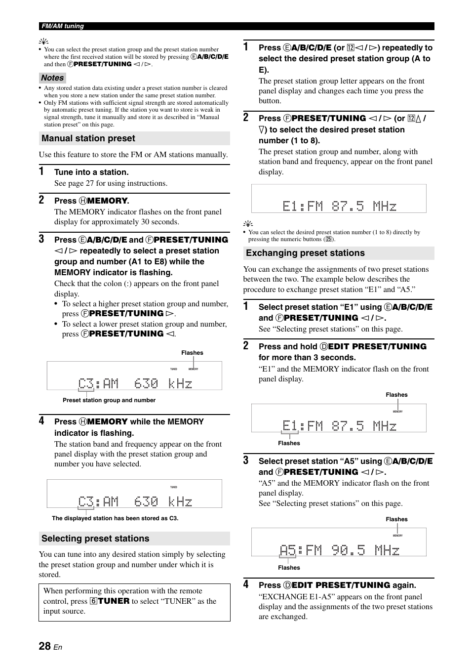 28 for, A5 fm 90.5 mhz, C3 am 630 khz | E1 fm 87.5 mhz | Yamaha RX-V365 User Manual | Page 32 / 60