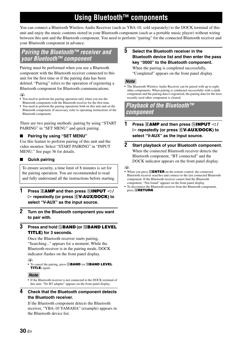 Using bluetooth™ components, Playback of the bluetooth™ component, Pairing the bluetooth™ receiver and your bluetooth | Component | Yamaha RX-V365 User Manual | Page 34 / 60