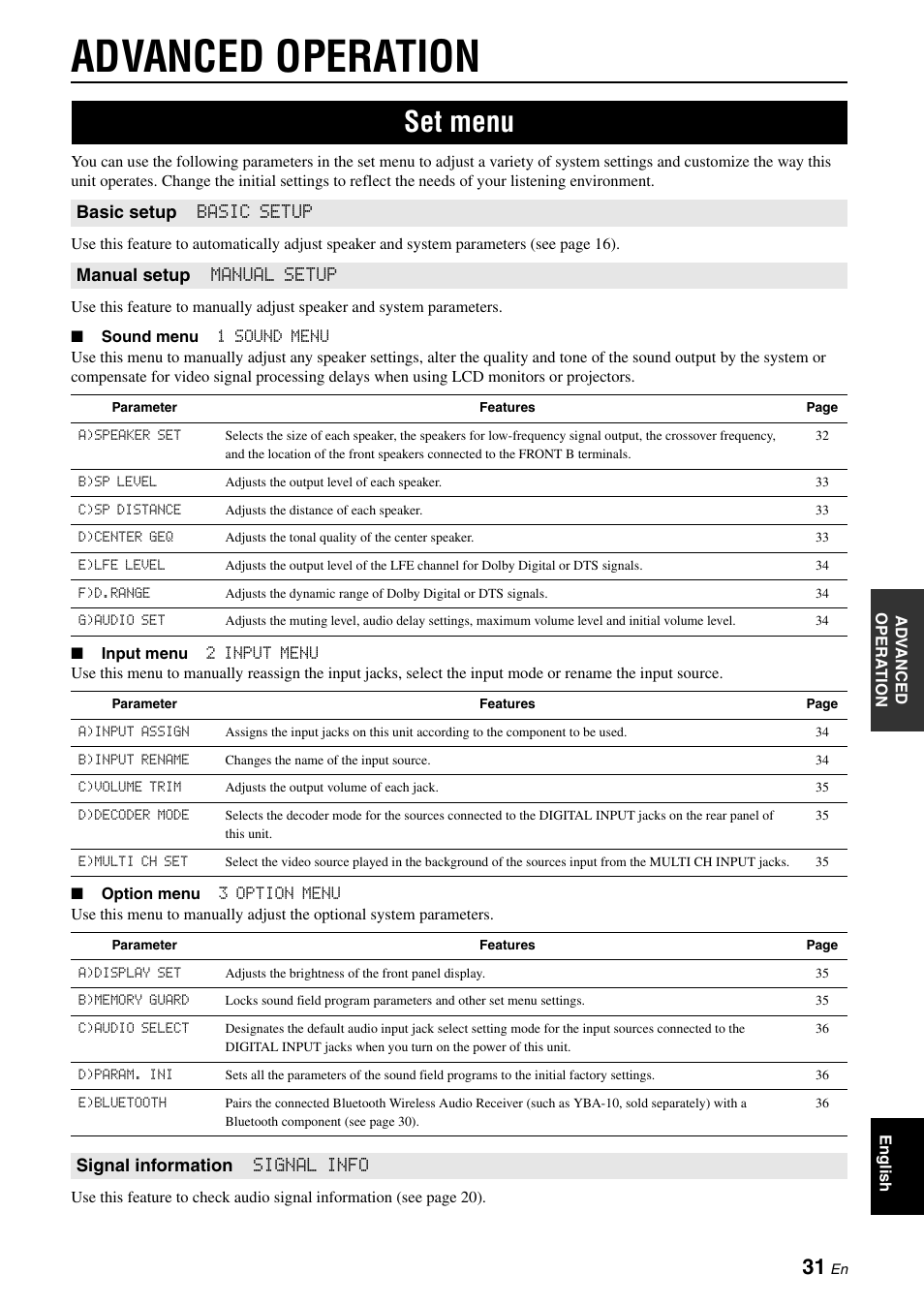 Advanced operation, Set menu | Yamaha RX-V365 User Manual | Page 35 / 60