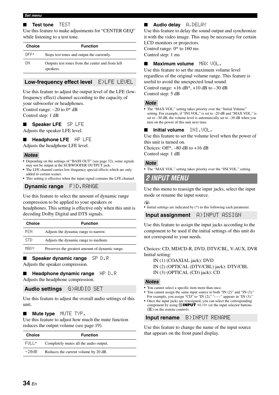 2 input menu | Yamaha RX-V365 User Manual | Page 38 / 60