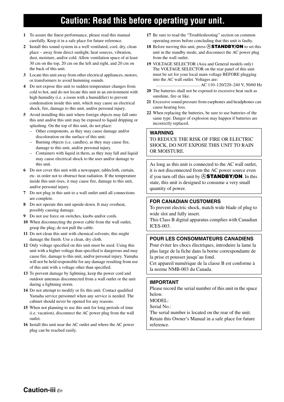 Caution: read this before operating your unit, Caution-iii | Yamaha RX-V365 User Manual | Page 4 / 60