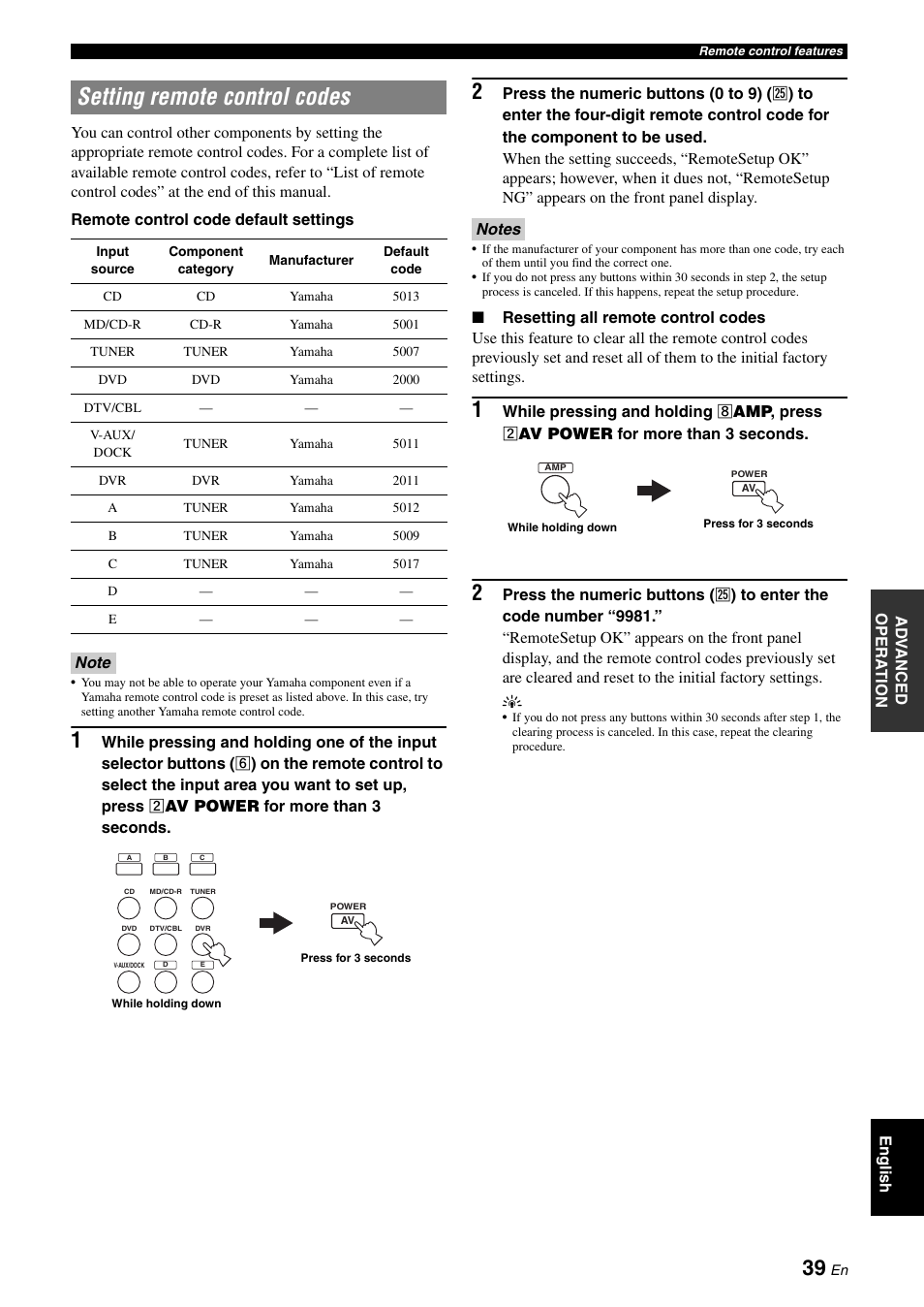 Setting remote control codes | Yamaha RX-V365 User Manual | Page 43 / 60