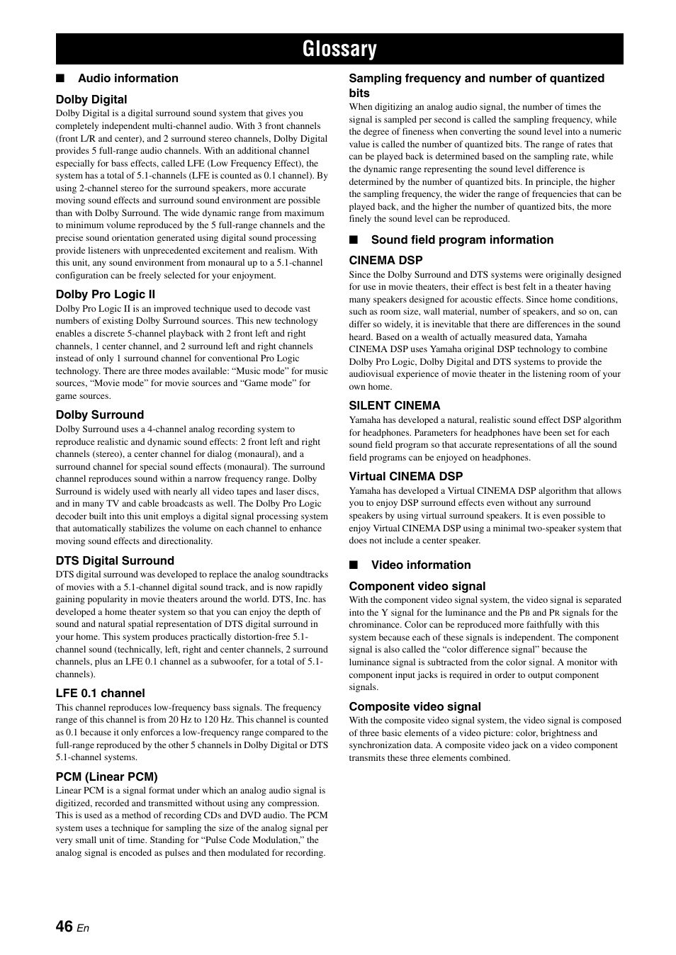 Glossary | Yamaha RX-V365 User Manual | Page 50 / 60