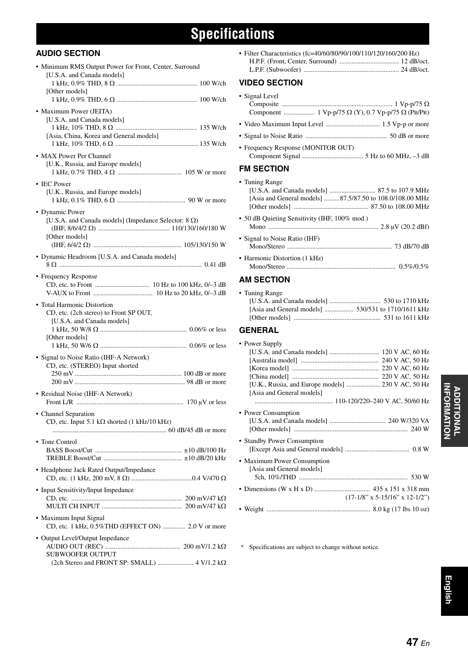 Specifications | Yamaha RX-V365 User Manual | Page 51 / 60