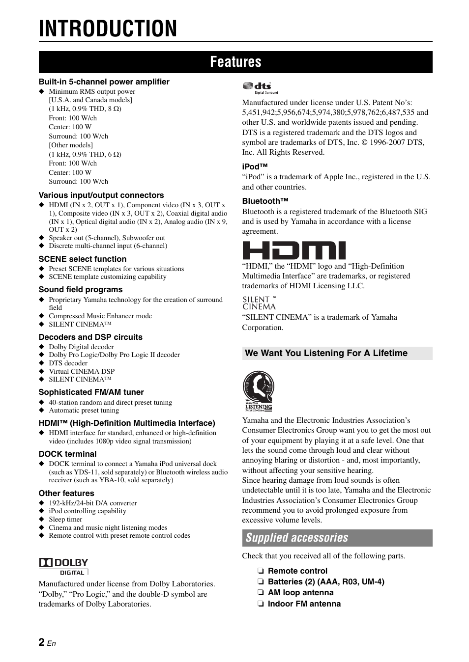 Introduction, Features, Supplied accessories | Yamaha RX-V365 User Manual | Page 6 / 60