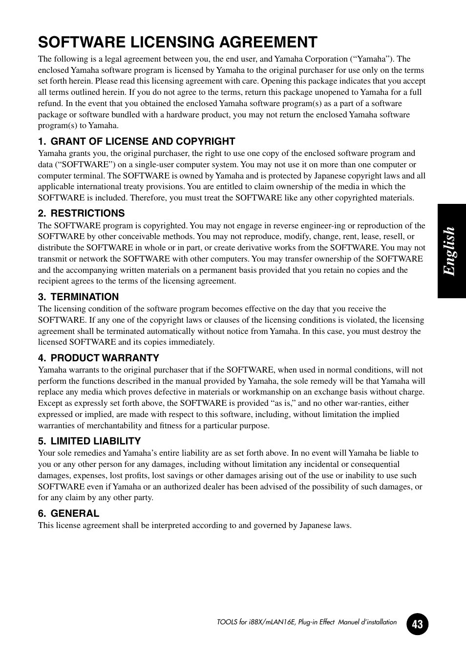 Software licensing agreement, English | Yamaha Plug-in Effect mLAN16E User Manual | Page 123 / 126