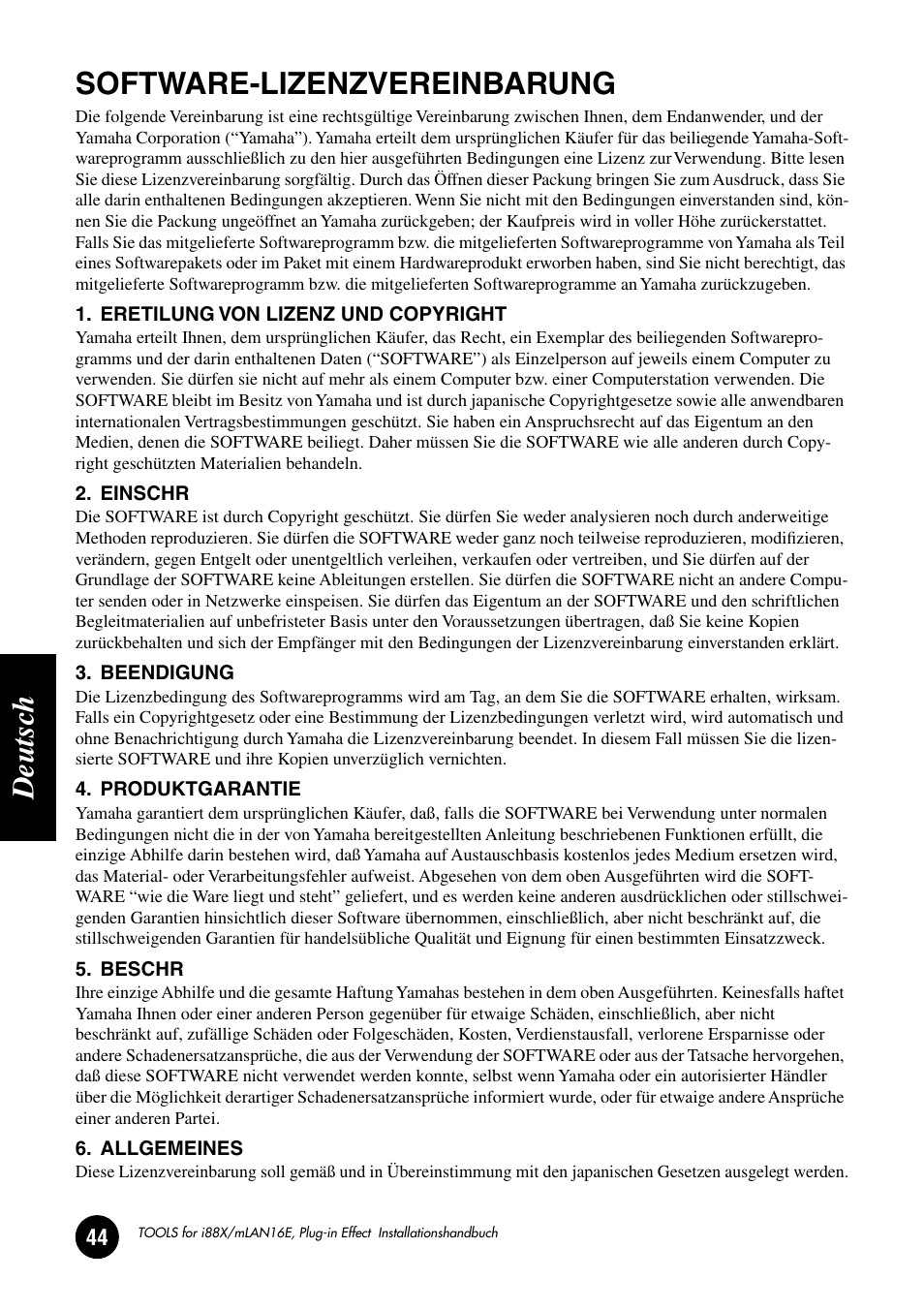 Software-lizenzvereinbarung, Deutsc h | Yamaha Plug-in Effect mLAN16E User Manual | Page 124 / 126