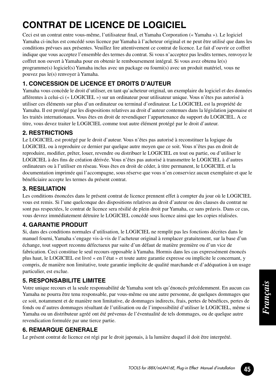 Contrat de licence de logiciel, Français | Yamaha Plug-in Effect mLAN16E User Manual | Page 125 / 126