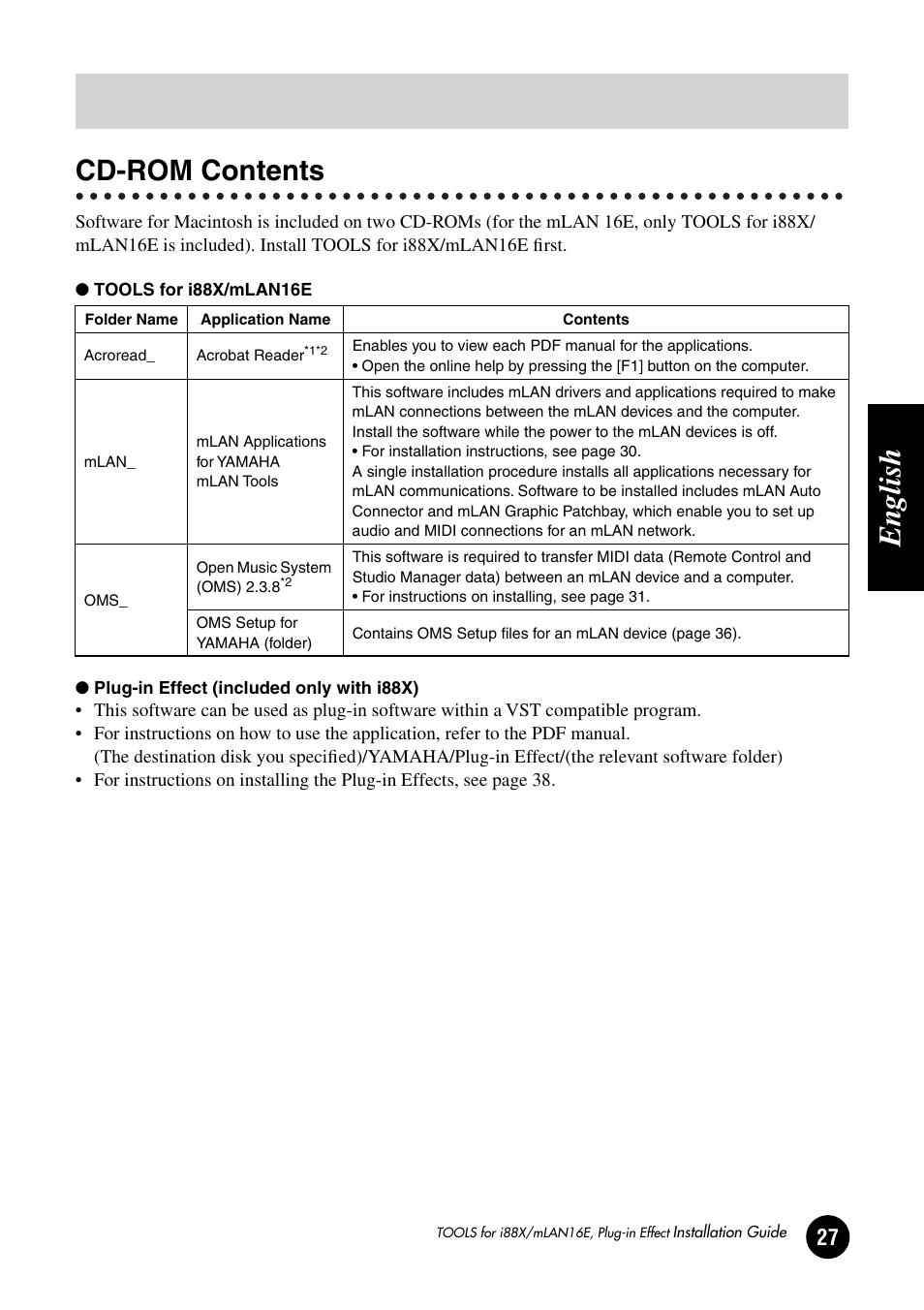 For macintosh users, Cd-rom contents, English | Yamaha Plug-in Effect mLAN16E User Manual | Page 27 / 126