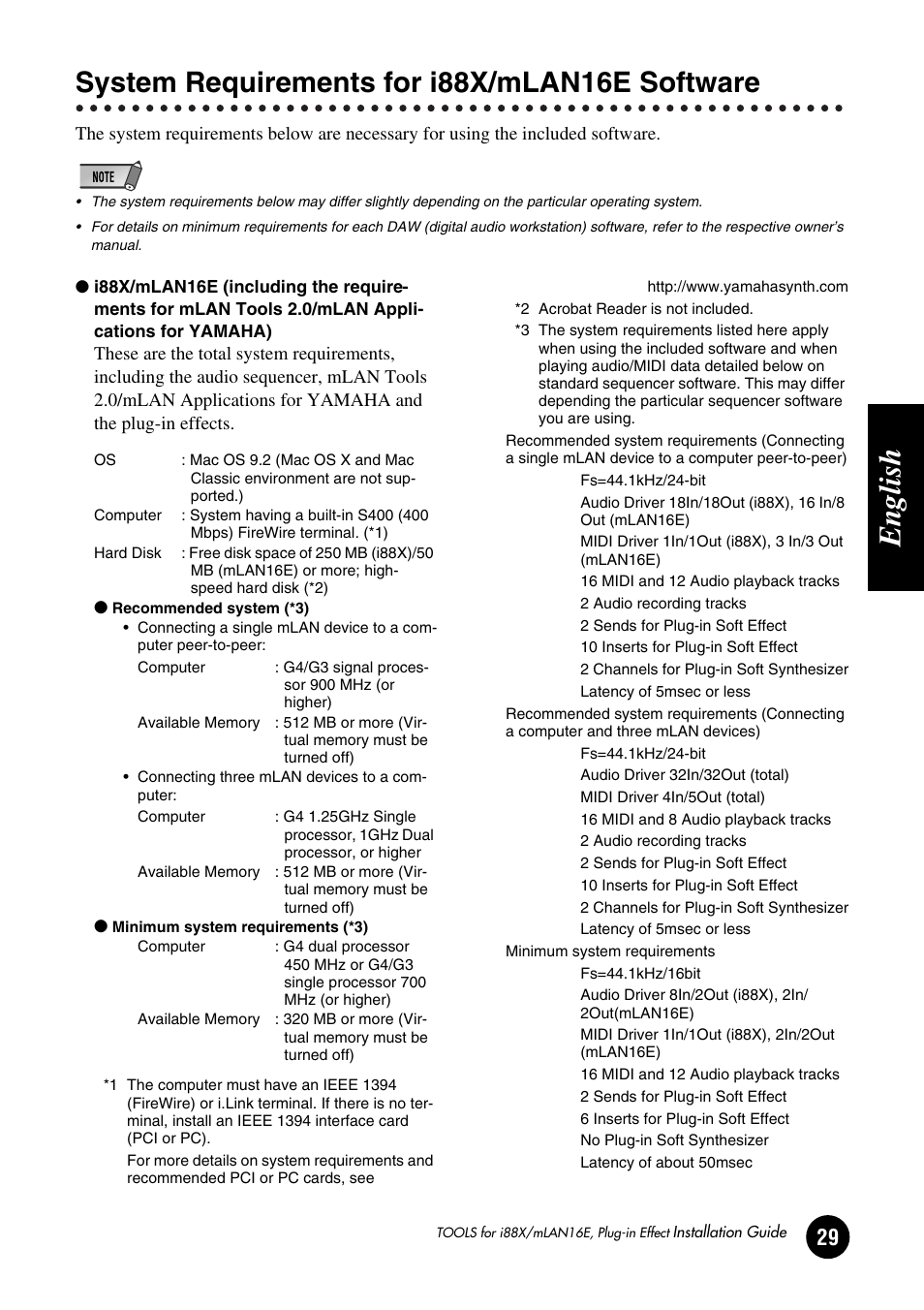 System requirements for i88x/mlan16e software, English | Yamaha Plug-in Effect mLAN16E User Manual | Page 29 / 126