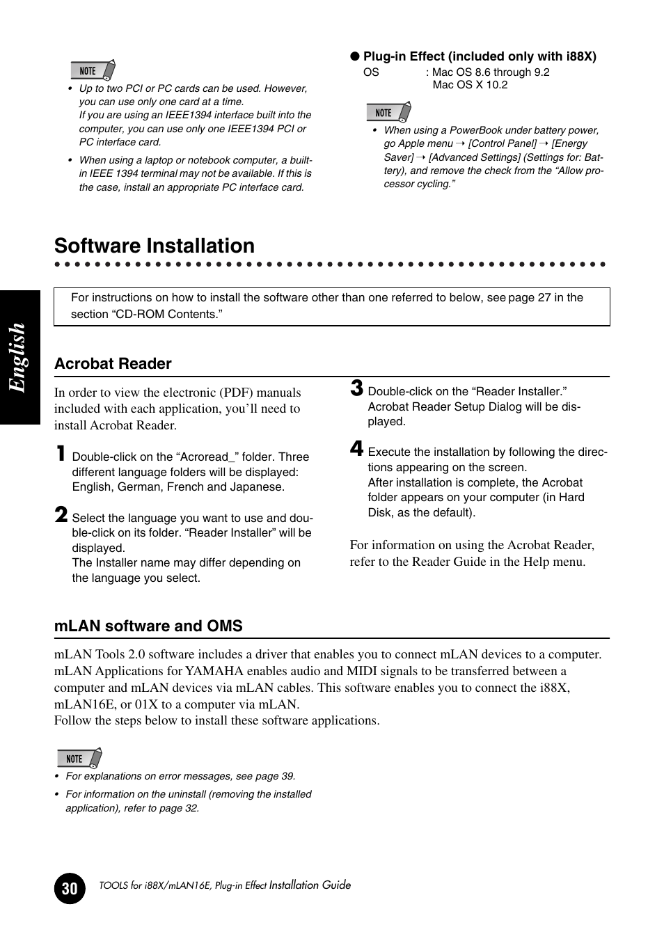 Software installation, English | Yamaha Plug-in Effect mLAN16E User Manual | Page 30 / 126