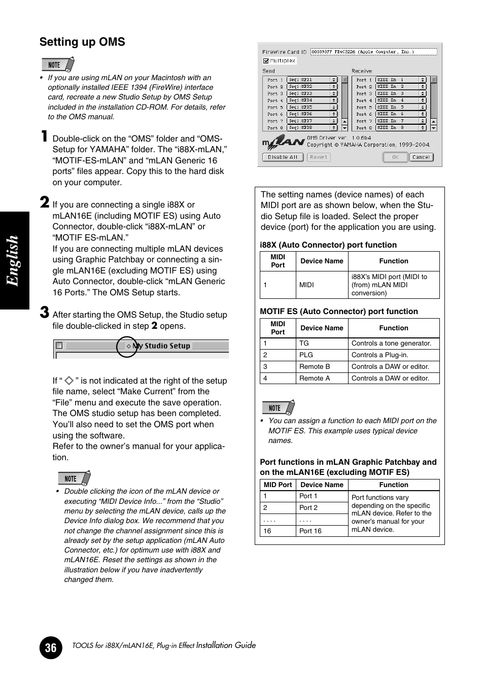 English, Setting up oms | Yamaha Plug-in Effect mLAN16E User Manual | Page 36 / 126