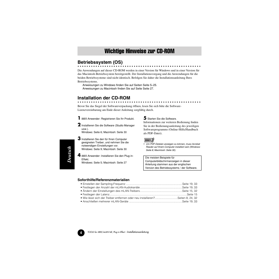 Wichtige hinweise zur cd-rom, Betriebssystem (os), Installation der cd-rom | Betriebssystem (os) installation der cd-rom, Deutsc h | Yamaha Plug-in Effect mLAN16E User Manual | Page 44 / 126
