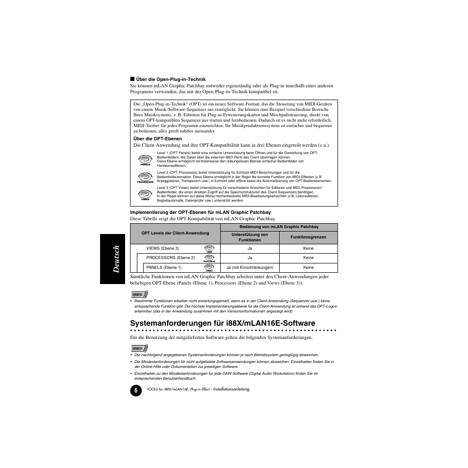 Systemanforderungen für i88x/mlan16e-software, Windows: seite 6; macintosh: seite 30, Deutsc h | Yamaha Plug-in Effect mLAN16E User Manual | Page 46 / 126