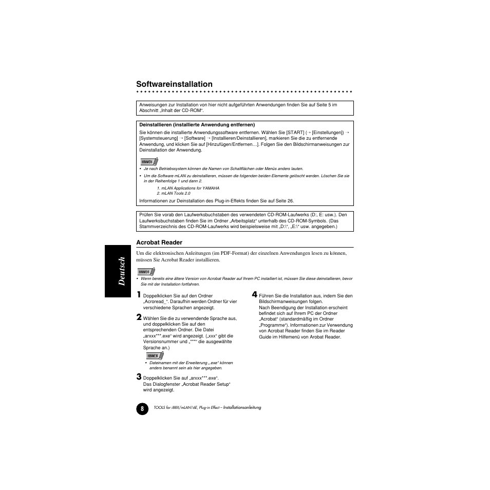 Softwareinstallation, Acrobat reader, Seite 8; macintosh | Seiten 8, 24, 32, Deutsc h | Yamaha Plug-in Effect mLAN16E User Manual | Page 48 / 126