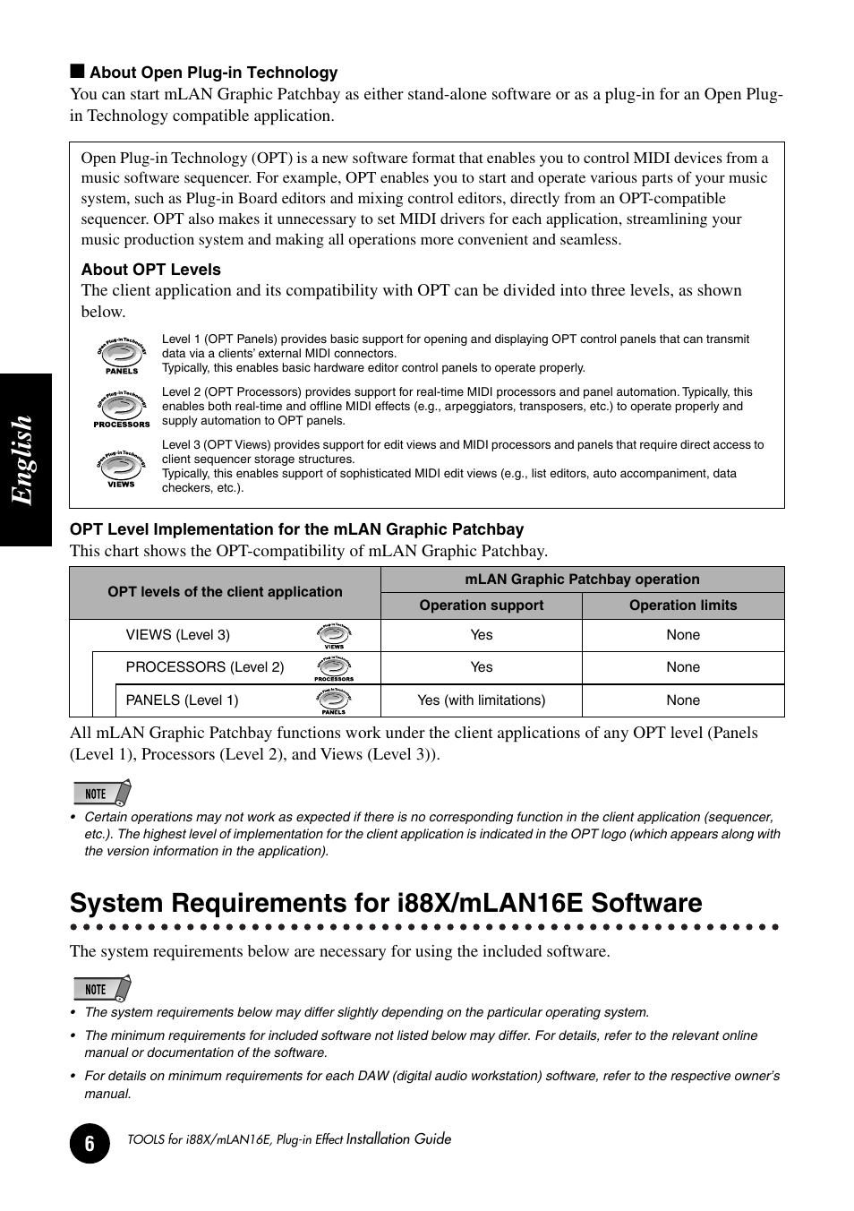 System requirements for i88x/mlan16e software, English | Yamaha Plug-in Effect mLAN16E User Manual | Page 6 / 126