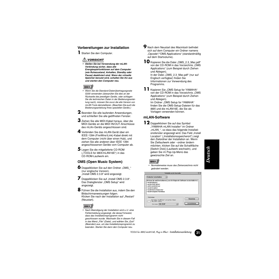 Eisungen zur installation finden sie seite 31, Deutsc h | Yamaha Plug-in Effect mLAN16E User Manual | Page 71 / 126