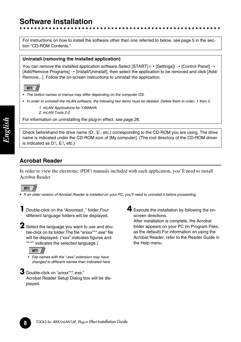 Software installation, English | Yamaha Plug-in Effect mLAN16E User Manual | Page 8 / 126