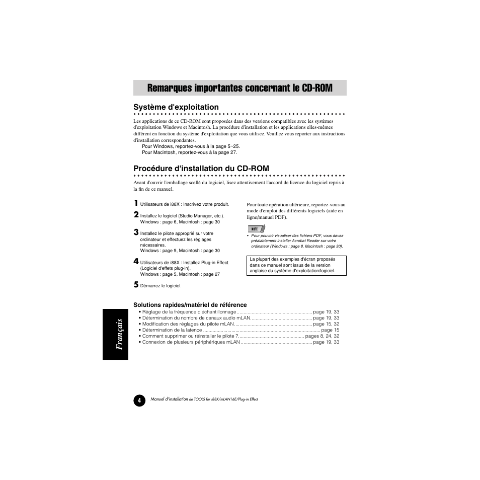 Remarques importantes concernant le cd-rom, F rançais | Yamaha Plug-in Effect mLAN16E User Manual | Page 84 / 126