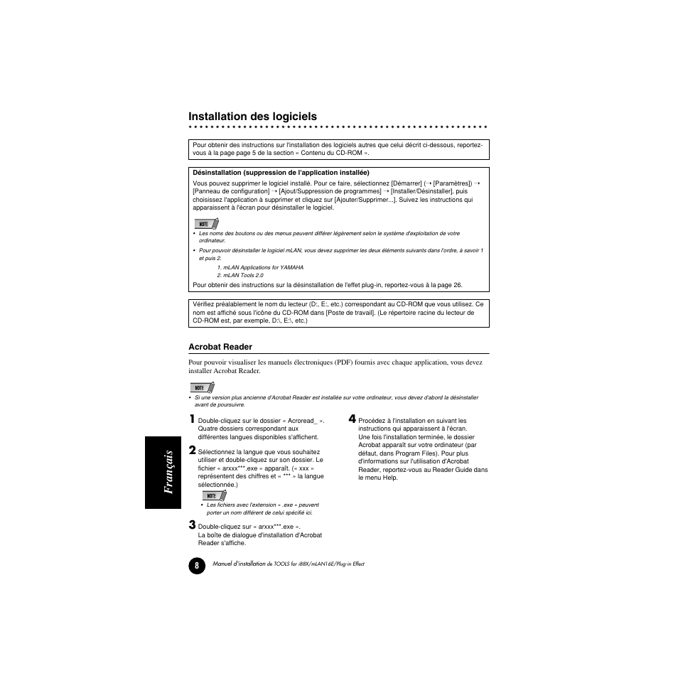 F rançais, Installation des logiciels | Yamaha Plug-in Effect mLAN16E User Manual | Page 88 / 126