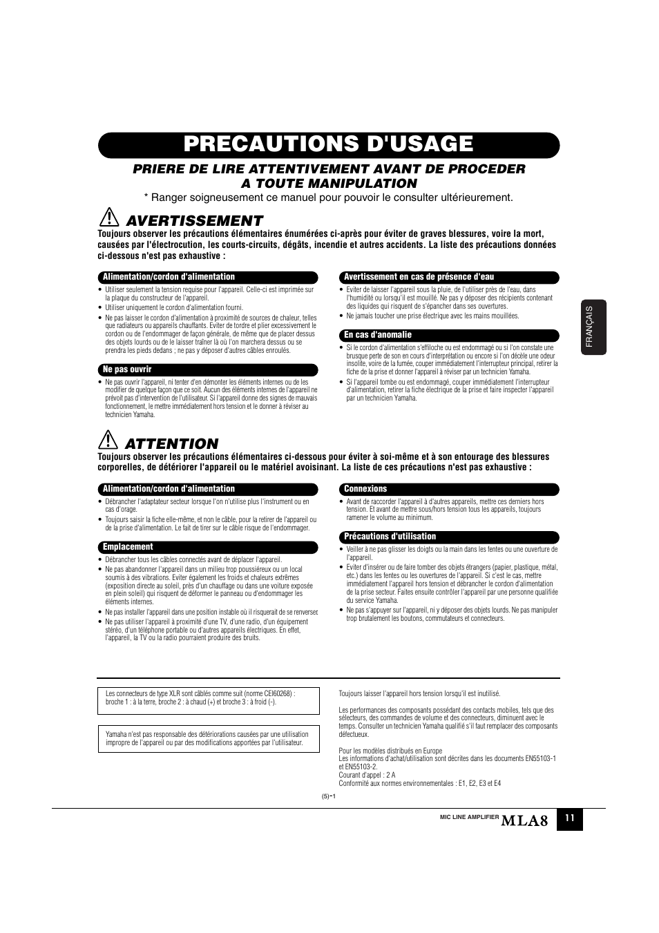 Precautions d'usage, Avertissement, Attention | Yamaha MLA8 User Manual | Page 3 / 11