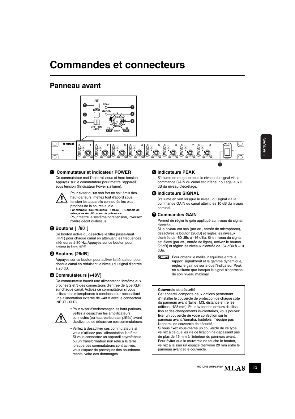 Commandes et connecteurs, Panneau avant, 1 commutateur et indicateur power | 2 boutons, 3 boutons [26db, 4 commutateurs [+48v, 5 indicateurs peak, 6 indicateurs signal, 7 commandes gain, Deutsch français esp añol | Yamaha MLA8 User Manual | Page 5 / 11