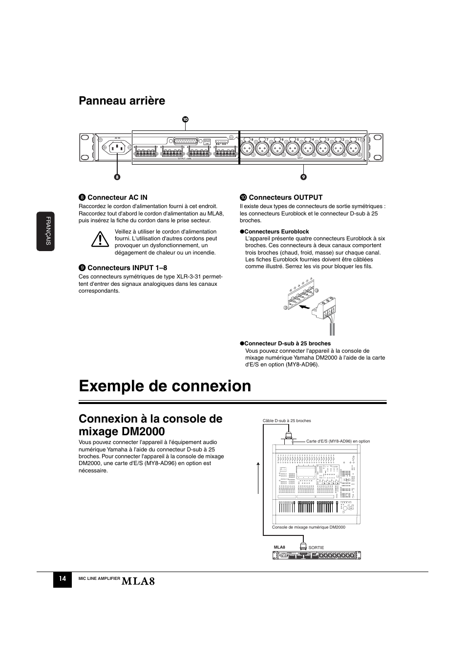 Panneau arrière, Exemple de connexion, Connexion à la console de mixage dm2000 | 8 connecteur ac in, 9 connecteurs input 1–8, Connecteurs output | Yamaha MLA8 User Manual | Page 6 / 11