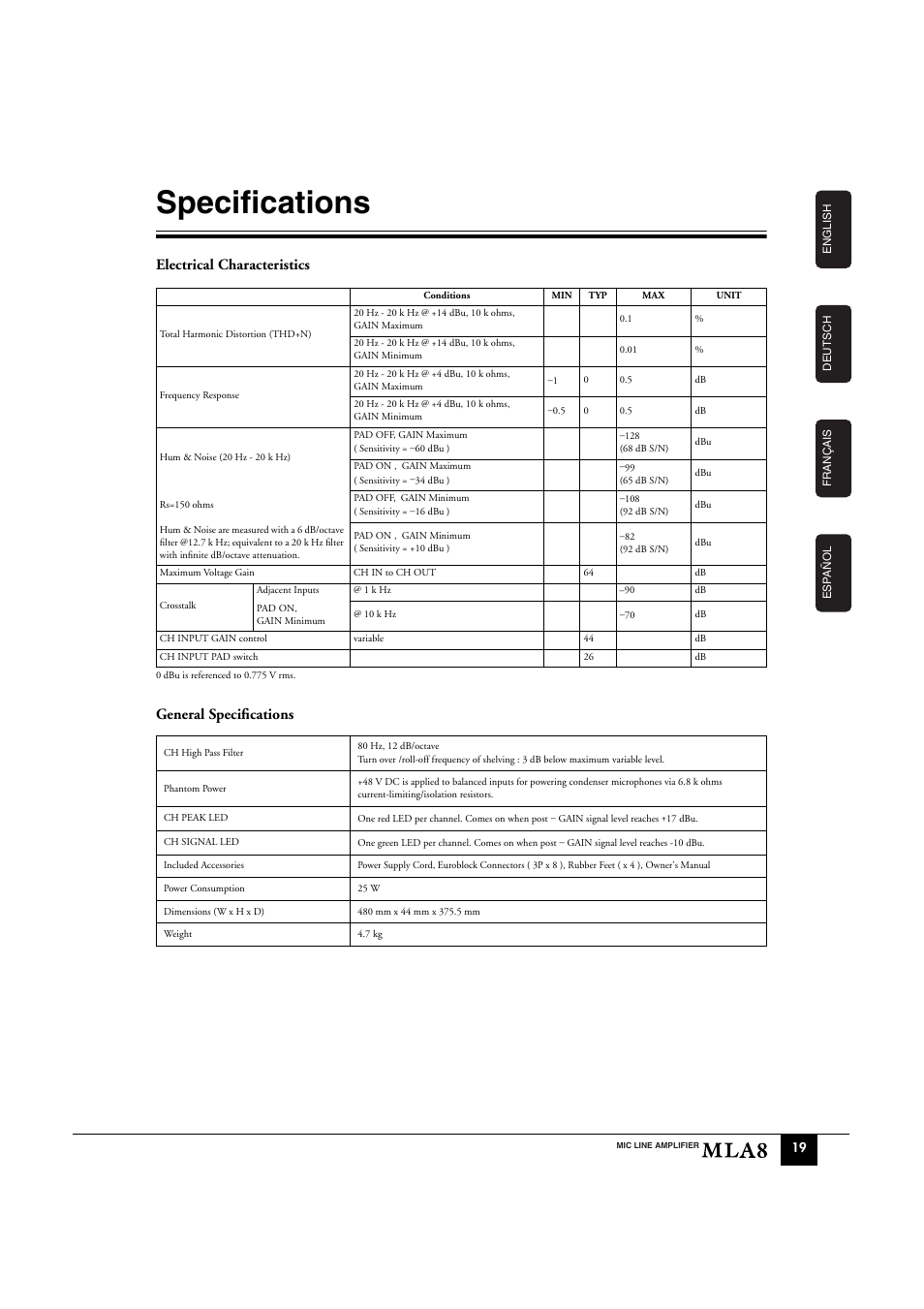 Specifications, Electrical characteristics, General specifications | Yamaha MLA8 User Manual | Page 7 / 11