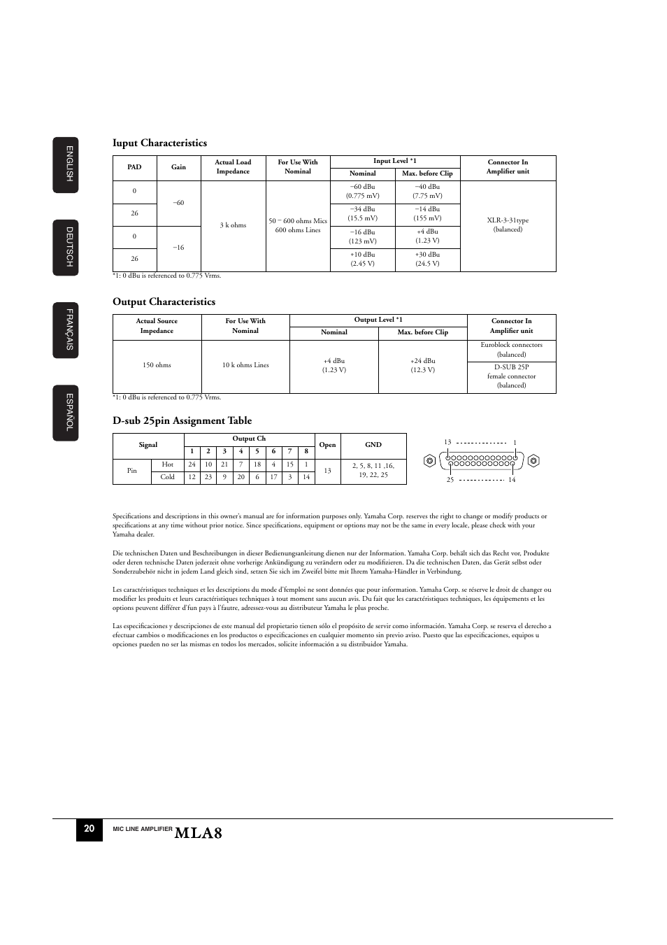 Iuput characteristics, Output characteristics, D-sub 25pin assignment table | Yamaha MLA8 User Manual | Page 8 / 11