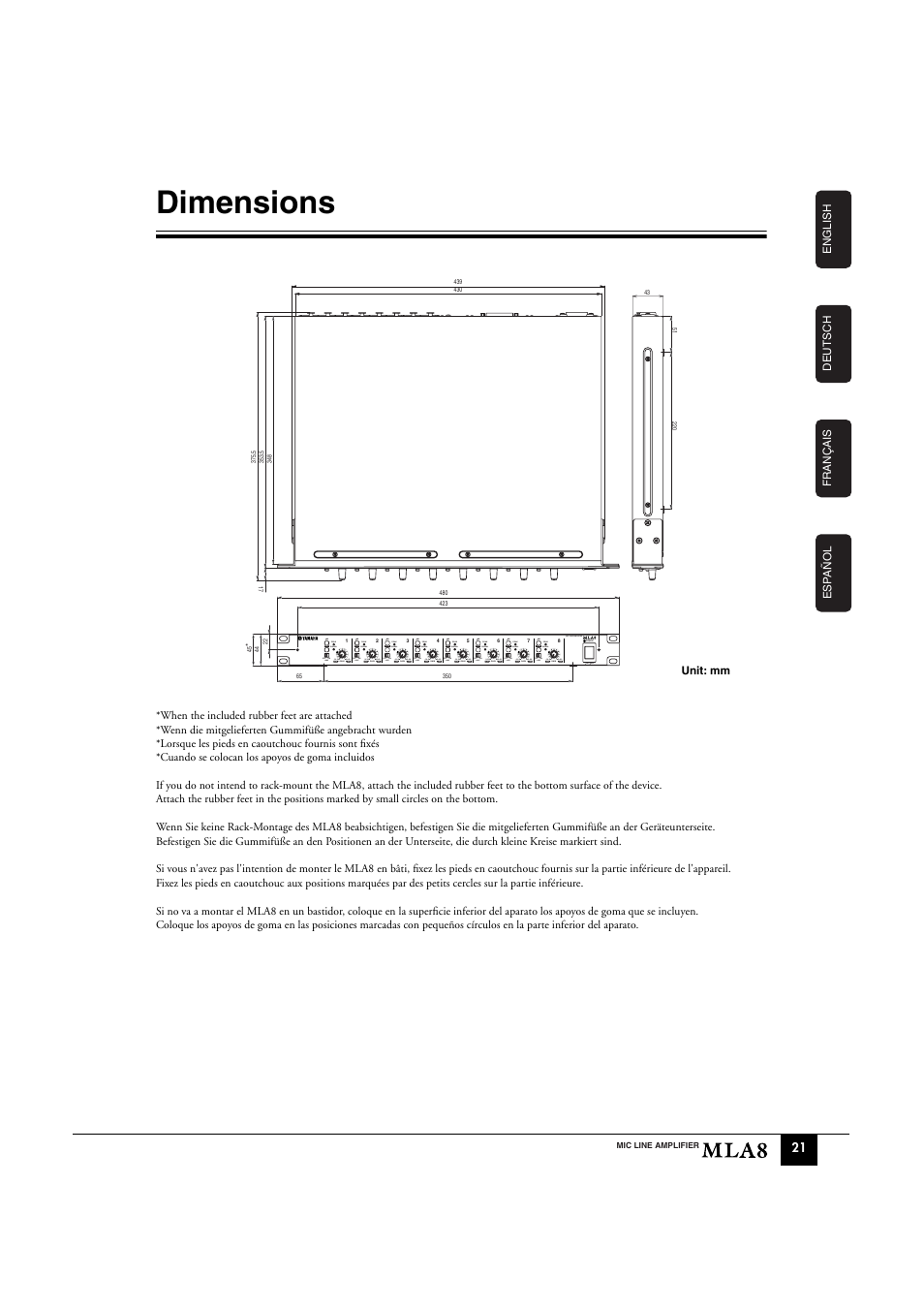 Dimensions | Yamaha MLA8 User Manual | Page 9 / 11