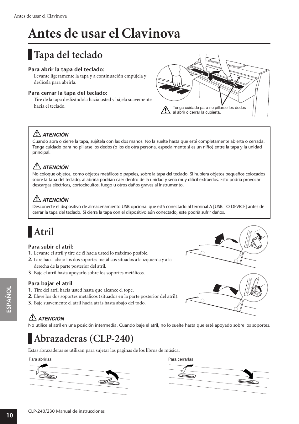 Antes de usar el clavinova, Tapa del teclado, Atril | Abrazaderas (clp-240), Tapa del teclado atril abrazaderas (clp-240) | Yamaha CLP-230 User Manual | Page 10 / 89