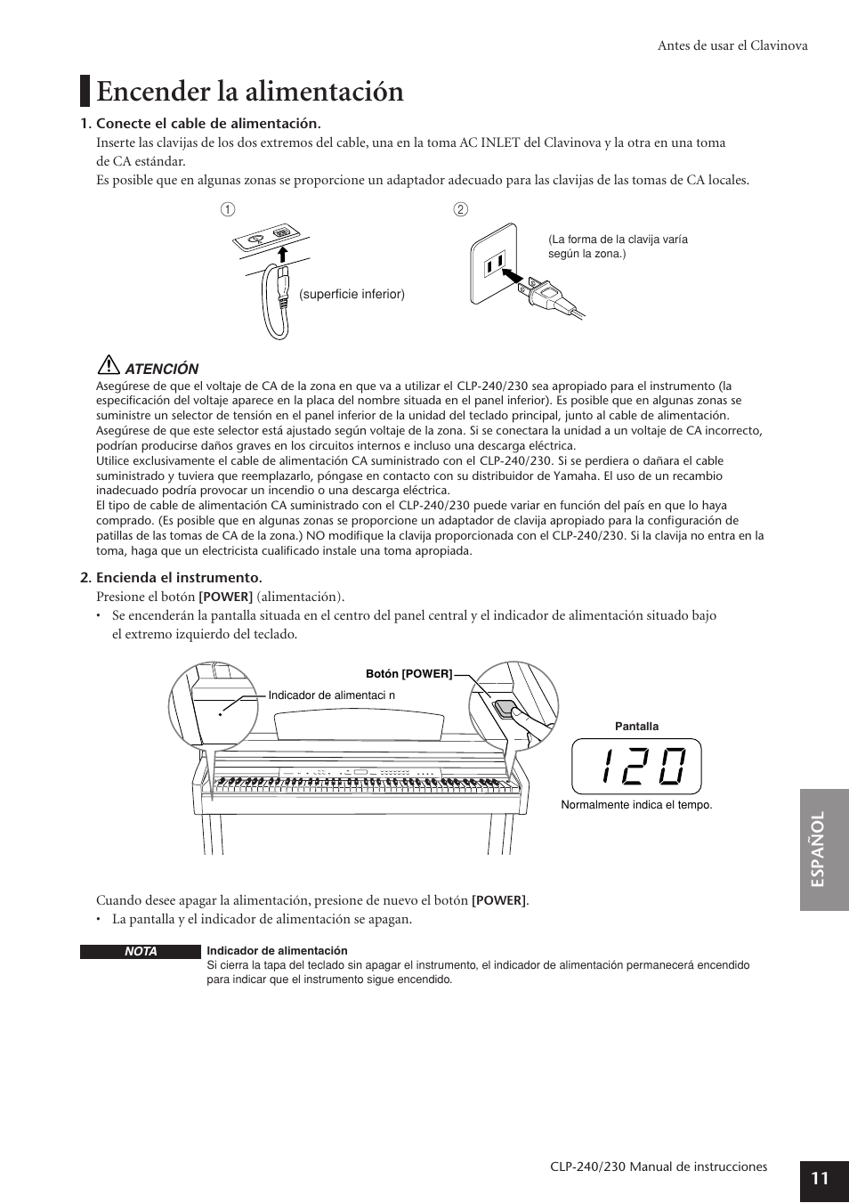 Encender la alimentación, Español 11 | Yamaha CLP-230 User Manual | Page 11 / 89
