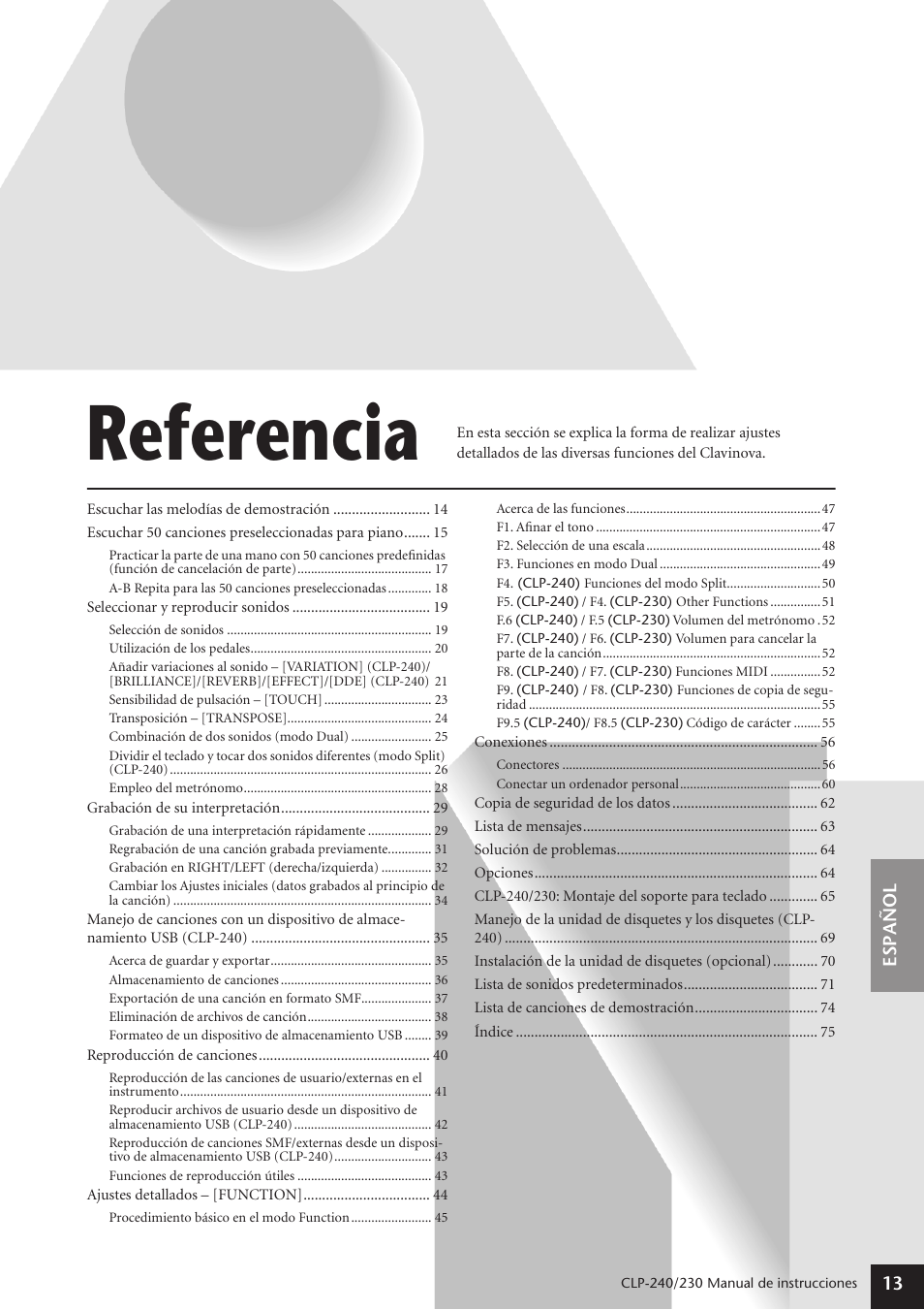 Referencia | Yamaha CLP-230 User Manual | Page 13 / 89