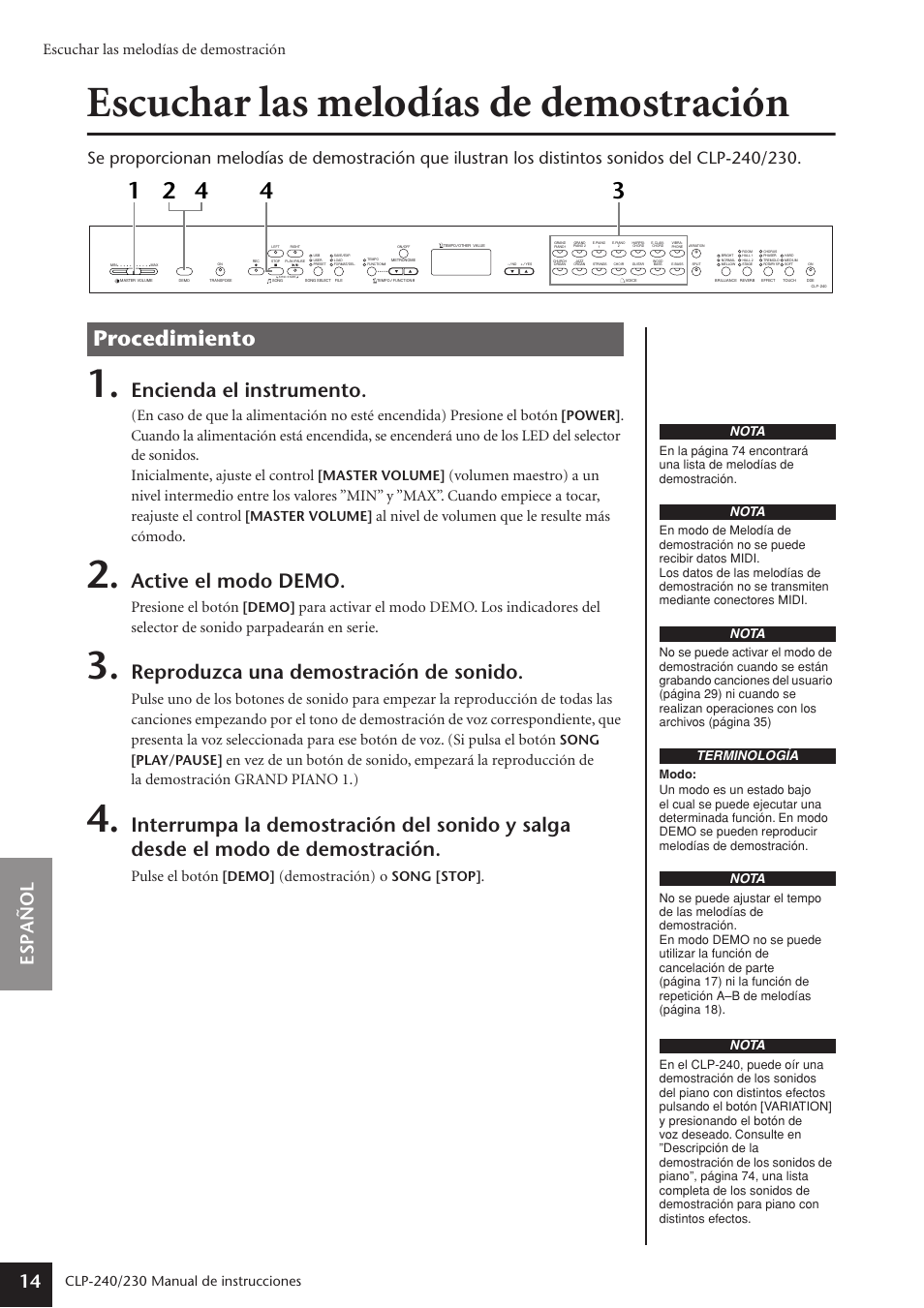 Escuchar las melodías de demostración, Procedimiento, Encienda el instrumento | Active el modo demo, Reproduzca una demostración de sonido, Español 14, Al nivel de volumen que le resulte más cómodo, Presione el botón, Pulse el botón, Demostración) | Yamaha CLP-230 User Manual | Page 14 / 89