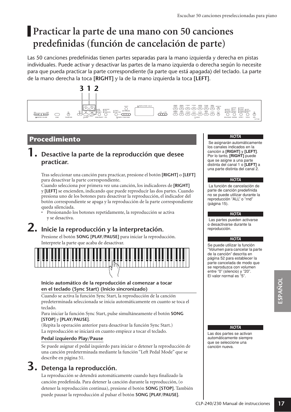 Procedimiento, Inicie la reproducción y la interpretación, Detenga la reproducción | Espa ñ ol 17, Escuchar 50 canciones preseleccionadas para piano, Presione el botón, Manual de instrucciones, Right, Left, Song [play/pause | Yamaha CLP-230 User Manual | Page 17 / 89