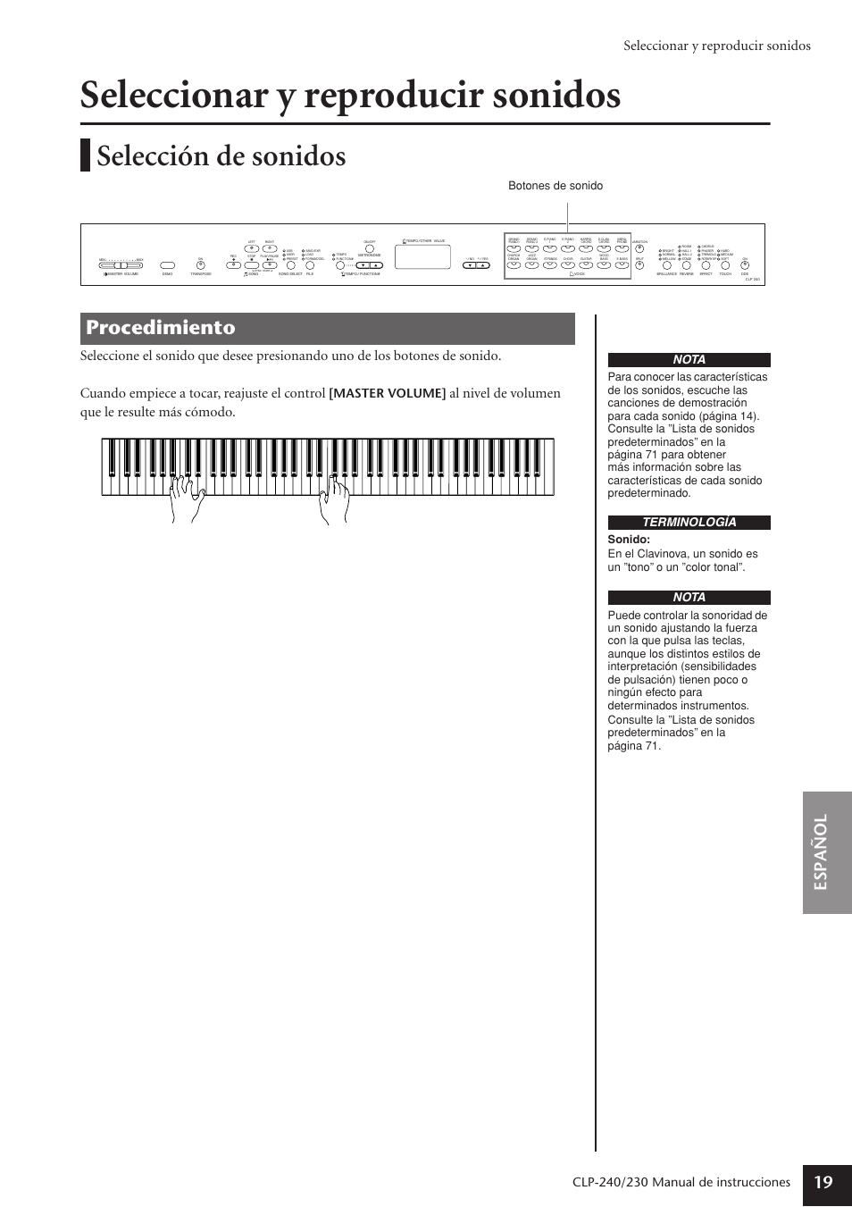 Seleccionar y reproducir sonidos, Selección de sonidos, Procedimiento | Espa ñ ol 19, Al nivel de volumen que le resulte más cómodo, Manual de instrucciones, Master volume, Nota, Terminología, Botones de sonido | Yamaha CLP-230 User Manual | Page 19 / 89