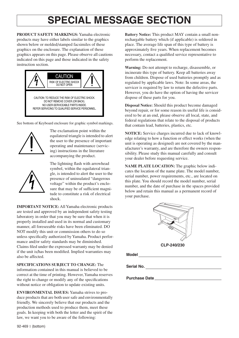 Caution | Yamaha CLP-230 User Manual | Page 2 / 89