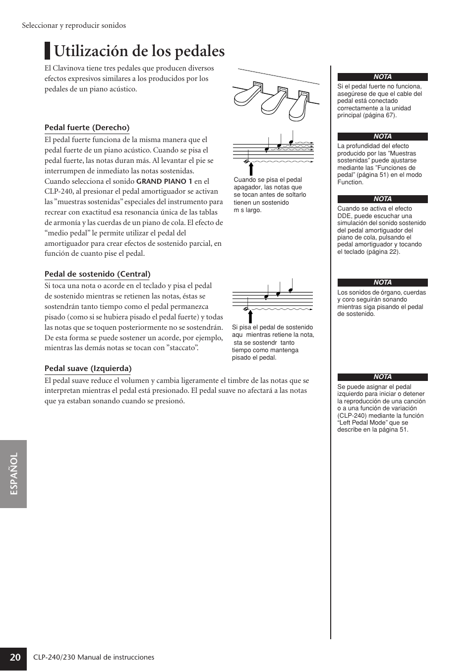 Utilización de los pedales, Espa ñ ol 20 | Yamaha CLP-230 User Manual | Page 20 / 89