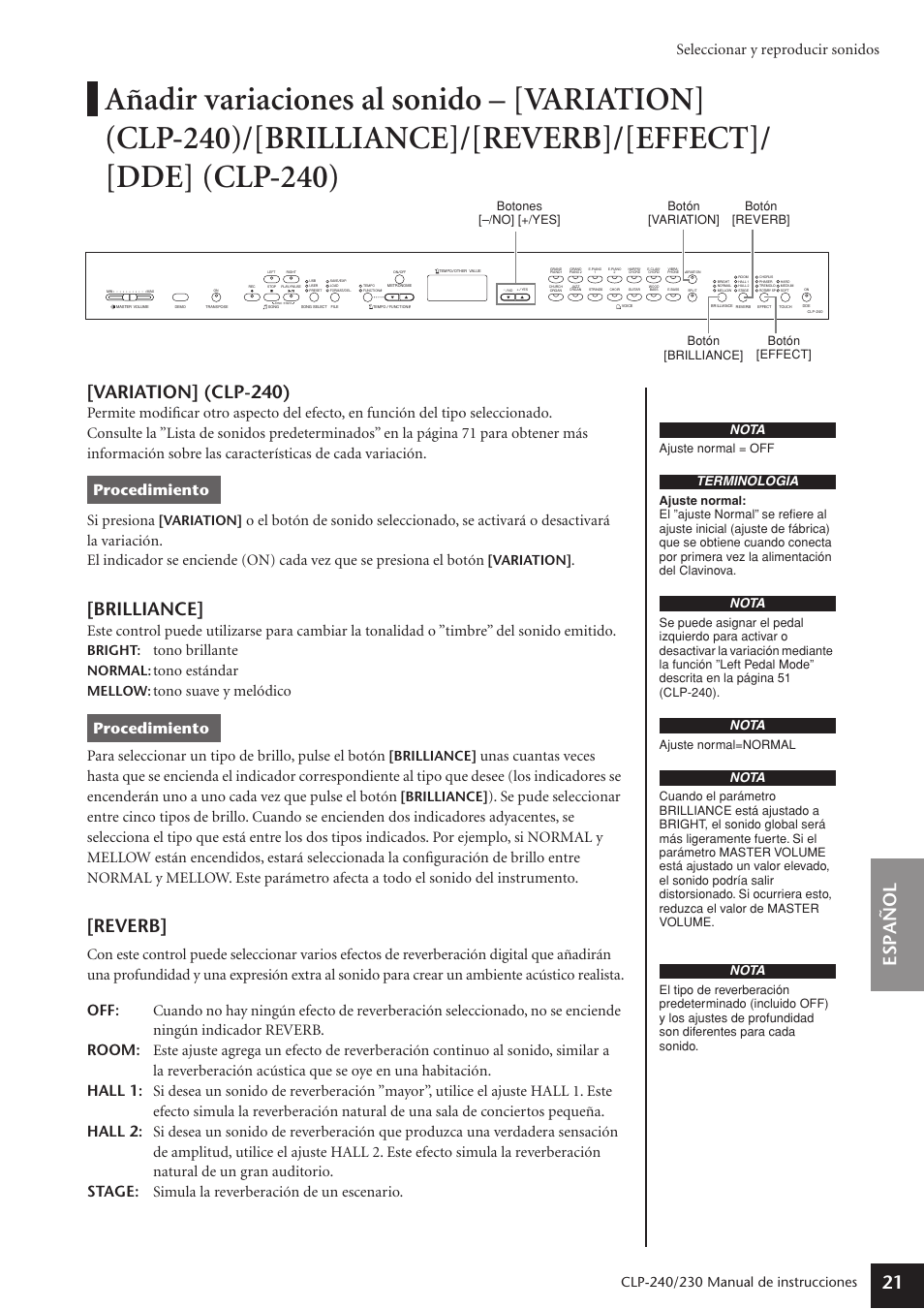 Espa ñ ol 21, Variation] (clp-240), Brilliance | Reverb, Seleccionar y reproducir sonidos, Tono brillante, Tono estándar, Procedimiento, Manual de instrucciones, Variation | Yamaha CLP-230 User Manual | Page 21 / 89