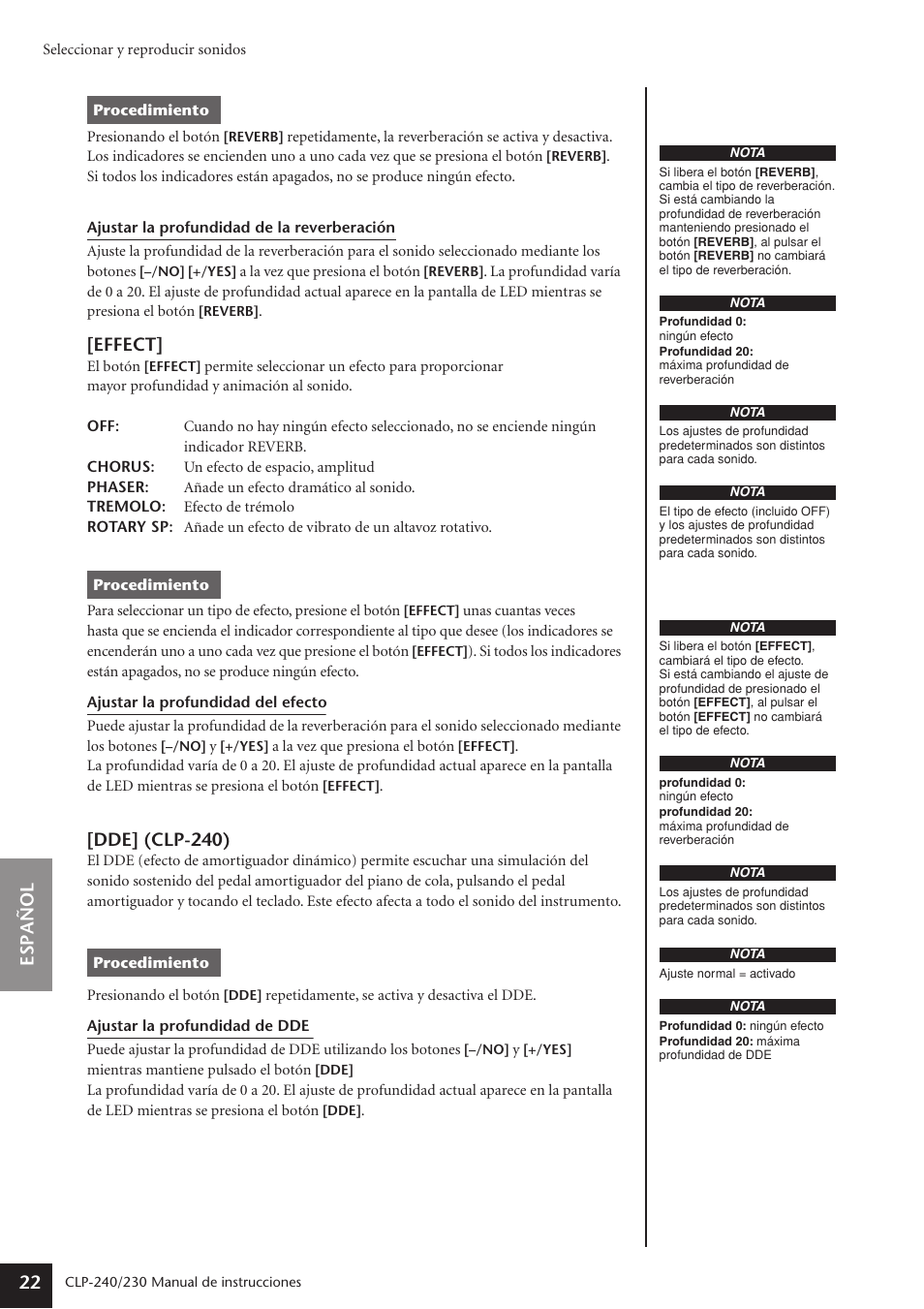 Espa ñ ol 22, Effect, Dde] (clp-240) | Yamaha CLP-230 User Manual | Page 22 / 89