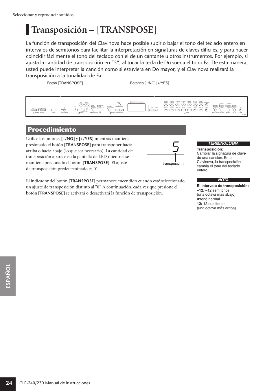 Transposición - [transpose, Transposición – [transpose, Procedimiento | Espa ñ ol 24, Seleccionar y reproducir sonidos, Utilice los botones, Mientras mantiene presionado el botón, Manual de instrucciones, Transpose, Terminología | Yamaha CLP-230 User Manual | Page 24 / 89